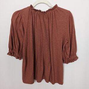 SUNDRY 1/S Organic Cotton Bubble Sleeve Top Tee Shirt Rust Orange Ruffle Elastic